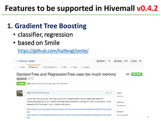 Features to	be	supported	in	Hivemall	v0.4.2
48
1.	Gradient	Tree	Boosting
• classifier,	regression
• based	on	Smile
https://github.com/haifengl/smile/
 