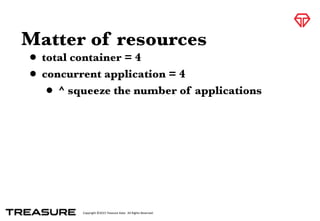Copyright	
  ©2015	
  Treasure	
  Data.	
  	
  All	
  Rights	
  Reserved.
Matter of resources
• total container = 4
• concurrent application = 4
• ^ squeeze the number of applications
 