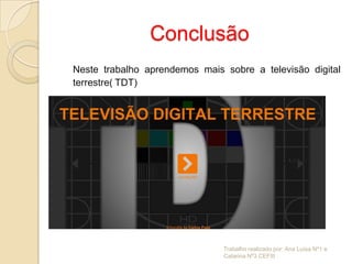Conclusão
Neste trabalho aprendemos mais sobre a televisão digital
terrestre( TDT)




                               Trabalho realizado por: Ana Luísa Nº1 e
                               Catarina Nº3 CEFIII
 