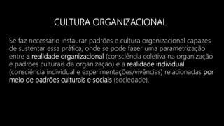 CULTURA ORGANIZACIONAL
Se faz necessário instaurar padrões e cultura organizacional capazes
de sustentar essa prática, onde se pode fazer uma parametrização
entre a realidade organizacional (consciência coletiva na organização
e padrões culturais da organização) e a realidade individual
(consciência individual e experimentações/vivências) relacionadas por
meio de padrões culturais e sociais (sociedade).
 