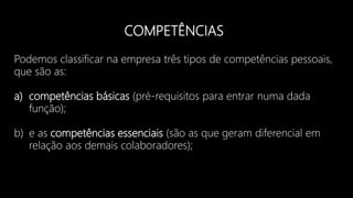 COMPETÊNCIAS
Podemos classificar na empresa três tipos de competências pessoais,
que são as:
a) competências básicas (pré-requisitos para entrar numa dada
função);
b) e as competências essenciais (são as que geram diferencial em
relação aos demais colaboradores);
 
