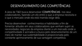 DESENVOLVIMENTO DAS COMPETÊNCIAS
A área de T&D busca desenvolver COMPETÊNCIAS nos seus
colaboradores, fazendo um elo entre o que a empresa necessita e
o que o mercado onde ela está inserida exige dela.
Precisa desenvolver conhecimentos e habilidades a fim de
fomentar atitudes em seus colaboradores que venham suprir as
necessidades negociais da empresa diante a um mercado onde a
competitividade é acirrada e a busca pelo desenvolvimento de um
meio de manter sua sustentabilidade é proporcionada pelo
constante aprimoramento de sua vantagem competitiva.
 