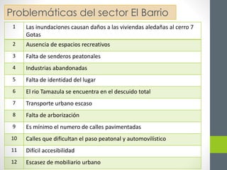 Problemáticas del sector El Barrio 
1 Las inundaciones causan daños a las viviendas aledañas al cerro 7 
Gotas 
2 Ausencia de espacios recreativos 
3 Falta de senderos peatonales 
4 Industrias abandonadas 
5 Falta de identidad del lugar 
6 El rio Tamazula se encuentra en el descuido total 
7 Transporte urbano escaso 
8 Falta de arborización 
9 Es mínimo el numero de calles pavimentadas 
10 Calles que dificultan el paso peatonal y automovilístico 
11 Difícil accesibilidad 
12 Escasez de mobiliario urbano 
