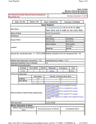 Asset Register                                                                                                                   Page 1 of 2



                                                                                                                        Govt. of India
                                                                                                      Ministry of Rural Development
                                                                                                   Department of Rural Development
The Mahatma Gandhi National Rural Employment
                                                                                                               Monday, December 10, 2012
Guarantee Act


          State : म य     दे श        District : सतना              Block : AMARPATAN                     Panchayat : DITHAURA

                                                            Asset          Register 
                                                                       (1712006004/RC/05) जी एस बी रोड एव पुिलया
    Work Name
                                                                       िनमाण ह रजन ब ती से कारौद तक                ाम पंचायत डठौरा  
    Nature of Work                                                     Rural Connectivity
    WorkStatus                                                         Completed

                                                                           Start Status                    End Status
    Scope of Work
                                                                           Earthern road                   Sand Moram

                                                                           Start Location                  End Location
                                                                                                           DITHAURA
    Location
                                                                           Khata No.                       Plot No.
                                                                           /                               /

    Sanction No. and Sanction Date        : 6 , 15/01/2008             Whether Included in Five Year Perspective Plan           : No

                                                                        
    Whether Work Approved in Annual Plan             : Yes             Estimated Cost (In Lakhs)     : 4.15
    Estimated Completion Time (in Months)                              12 
    Expenditure Incurred (in Rs.)

                     Unskilled        Semi-Skilled         Skilled             Material      Contingency            Total

                     133610                0                  0                 292450             0              426060     
    Employment Generated

                                               Pesrondays                       Total No. of Persons Given Work
                 Unskilled                          1749                                     298
                 Semi-Skilled                        0                                        0
                                                     0                                        0

                                                                       174191(3160),174192(3160),174193(809),174194
                                                                       (6160),174195(5390),
                                                                       174196(3109),174197(3312),174198(6624),174199
                                                                       (6210),174200(3312),
                                                                       271696(4968),272351(6624),272352(2484),272353
    Distinct Number of Muster Rolls used(Amount)                       (3312),272354(3312),
                                                                       272355(3312),272356(1656),272357(3312),272358
                                                                       (3312),272359(2484),
                                                                       77360(18564),77861(4914),77866(11466),77867(8736),9157
                                                                       (13908),
                                                                        
    Work start date                                                    01/01/2008 
    Photo Uploaded of Work
      Before Start of Work(Work
                                                      During Execution of Works                           Completed Work
                 Site)




http://164.100.112.66/netnrega/writereaddata/citizen_out/WA_1712006_1712006004_R...                                              12/10/2012
 