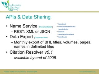 APIs & Data Sharing <ul><li>Name Service  ( Documentation ) </li></ul><ul><ul><li>REST: XML or JSON </li></ul></ul><ul><li...