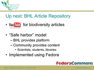 Up next: BHL Article Repository <ul><li>for biodiversity articles </li></ul><ul><li>“Safe harbor” model </li></ul><ul><ul>...