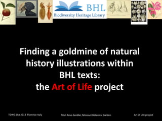 Finding a goldmine of natural
history illustrations within
BHL texts:
the Art of Life project
TDWG Oct 2013 Florence Italy

Trish Rose-Sandler, Missouri Botanical Garden

Art of Life project

 