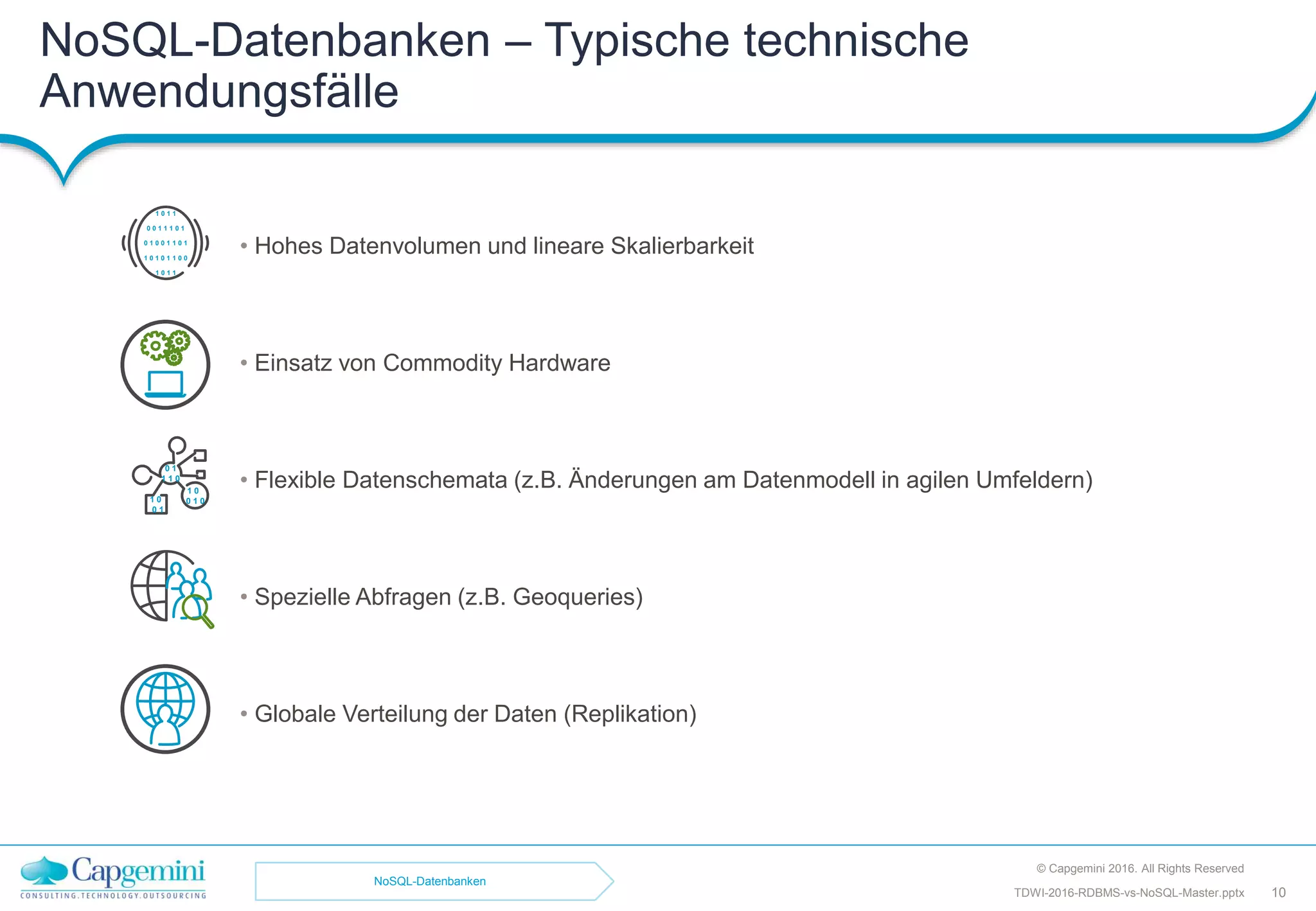 NoSQL-Datenbanken – Typische technische
Anwendungsfälle
© Capgemini 2016. All Rights Reserved
10TDWI-2016-RDBMS-vs-NoSQL-Master.pptx
• Hohes Datenvolumen und lineare Skalierbarkeit
• Einsatz von Commodity Hardware
• Flexible Datenschemata (z.B. Änderungen am Datenmodell in agilen Umfeldern)
• Spezielle Abfragen (z.B. Geoqueries)
• Globale Verteilung der Daten (Replikation)
1 0
0 1 01 0
0 1
0 1
1 1 0
1 0 1 1
0 0 1 1 1 0 1
0 1 0 0 1 1 0 1
1 0 1 0 1 1 0 0
1 0 1 1
NoSQL-Datenbanken
 