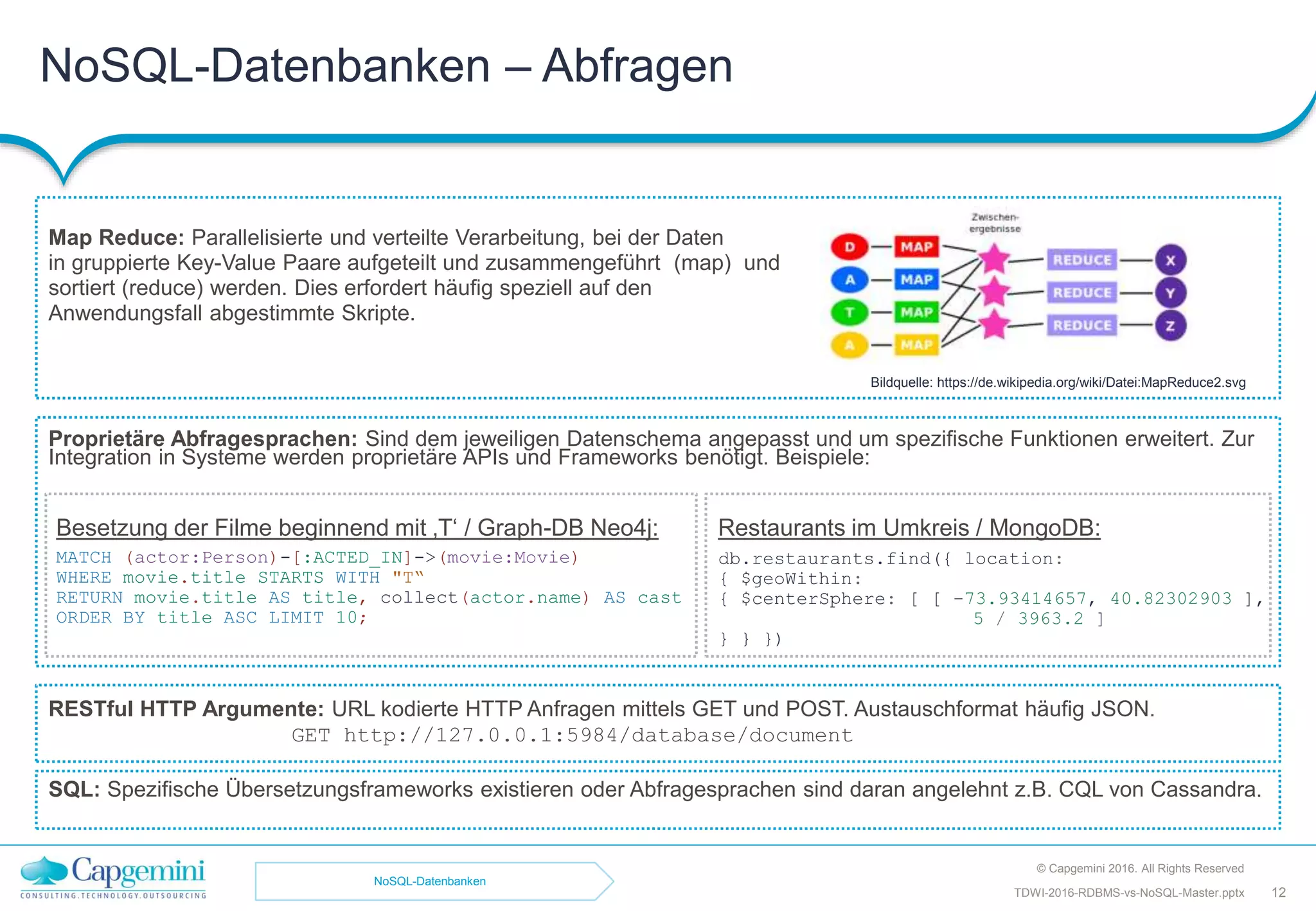 Map Reduce: Parallelisierte und verteilte Verarbeitung, bei der Daten
in gruppierte Key-Value Paare aufgeteilt und zusammengeführt (map) und
sortiert (reduce) werden. Dies erfordert häufig speziell auf den
Anwendungsfall abgestimmte Skripte.
Proprietäre Abfragesprachen: Sind dem jeweiligen Datenschema angepasst und um spezifische Funktionen erweitert. Zur
Integration in Systeme werden proprietäre APIs und Frameworks benötigt. Beispiele:
RESTful HTTP Argumente: URL kodierte HTTP Anfragen mittels GET und POST. Austauschformat häufig JSON.
GET http://127.0.0.1:5984/database/document
SQL: Spezifische Übersetzungsframeworks existieren oder Abfragesprachen sind daran angelehnt z.B. CQL von Cassandra.
NoSQL-Datenbanken – Abfragen
© Capgemini 2016. All Rights Reserved
12TDWI-2016-RDBMS-vs-NoSQL-Master.pptx
Bildquelle: https://de.wikipedia.org/wiki/Datei:MapReduce2.svg
Besetzung der Filme beginnend mit ‚T‘ / Graph-DB Neo4j:
db.restaurants.find({ location:
{ $geoWithin:
{ $centerSphere: [ [ -73.93414657, 40.82302903 ],
5 / 3963.2 ]
} } })
MATCH (actor:Person)-[:ACTED_IN]->(movie:Movie)
WHERE movie.title STARTS WITH "T“
RETURN movie.title AS title, collect(actor.name) AS cast
ORDER BY title ASC LIMIT 10;
Restaurants im Umkreis / MongoDB:
NoSQL-Datenbanken
 