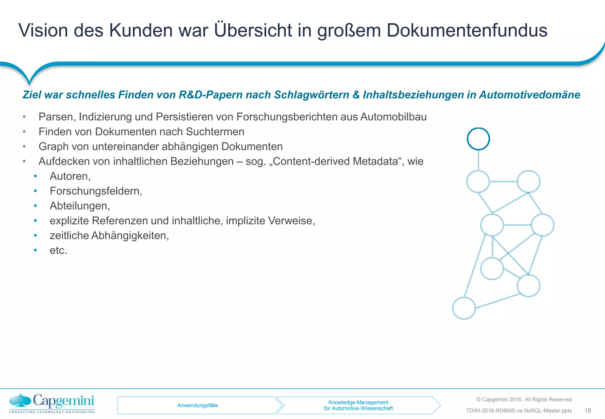 Vision des Kunden war Übersicht in großem Dokumentenfundus
Ziel war schnelles Finden von R&D-Papern nach Schlagwörtern & Inhaltsbeziehungen in Automotivedomäne
© Capgemini 2016. All Rights Reserved
18TDWI-2016-RDBMS-vs-NoSQL-Master.pptx
• Parsen, Indizierung und Persistieren von Forschungsberichten aus Automobilbau
• Finden von Dokumenten nach Suchtermen
• Graph von untereinander abhängigen Dokumenten
• Aufdecken von inhaltlichen Beziehungen – sog. „Content-derived Metadata“, wie
• Autoren,
• Forschungsfeldern,
• Abteilungen,
• explizite Referenzen und inhaltliche, implizite Verweise,
• zeitliche Abhängigkeiten,
• etc.
Anwendungsfälle
Knowledge-Management
für Automotive-Wissenschaft
 