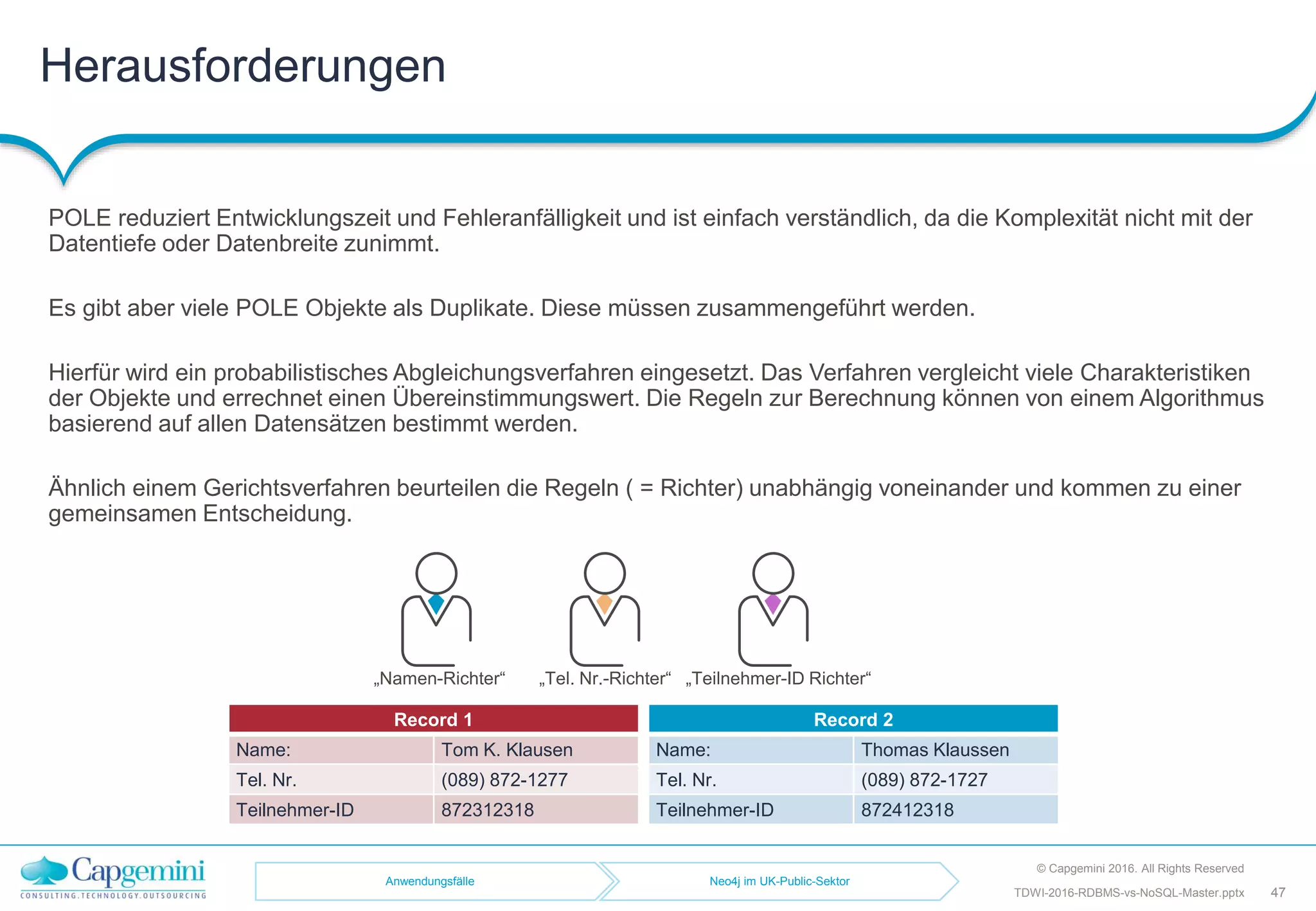 Herausforderungen
© Capgemini 2016. All Rights Reserved
47TDWI-2016-RDBMS-vs-NoSQL-Master.pptx
POLE reduziert Entwicklungszeit und Fehleranfälligkeit und ist einfach verständlich, da die Komplexität nicht mit der
Datentiefe oder Datenbreite zunimmt.
Es gibt aber viele POLE Objekte als Duplikate. Diese müssen zusammengeführt werden.
Hierfür wird ein probabilistisches Abgleichungsverfahren eingesetzt. Das Verfahren vergleicht viele Charakteristiken
der Objekte und errechnet einen Übereinstimmungswert. Die Regeln zur Berechnung können von einem Algorithmus
basierend auf allen Datensätzen bestimmt werden.
Ähnlich einem Gerichtsverfahren beurteilen die Regeln ( = Richter) unabhängig voneinander und kommen zu einer
gemeinsamen Entscheidung.
„Namen-Richter“ „Tel. Nr.-Richter“ „Teilnehmer-ID Richter“
Record 1
Name: Tom K. Klausen
Tel. Nr. (089) 872-1277
Teilnehmer-ID 872312318
Record 2
Name: Thomas Klaussen
Tel. Nr. (089) 872-1727
Teilnehmer-ID 872412318
Anwendungsfälle Neo4j im UK-Public-Sektor
 
