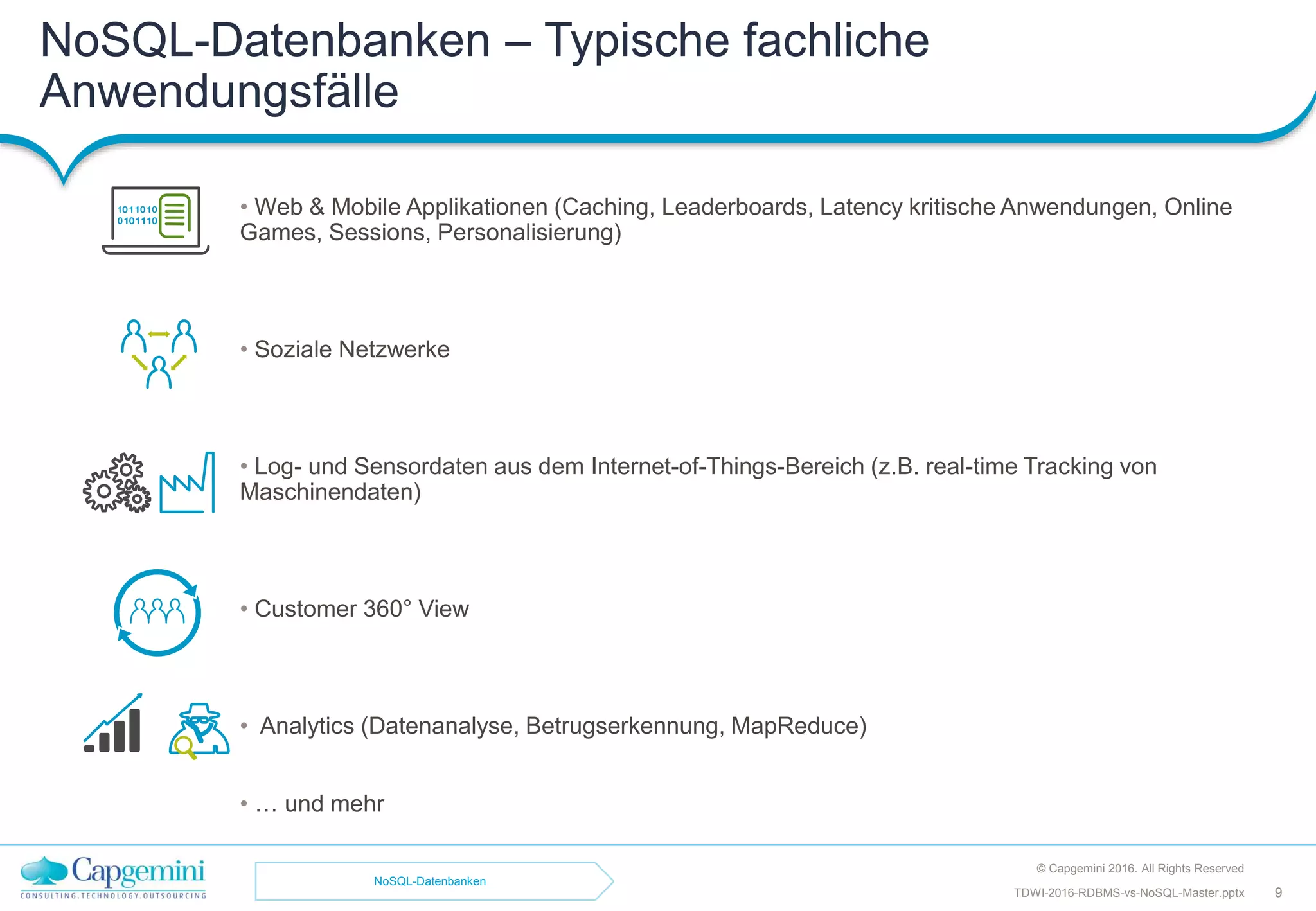 NoSQL-Datenbanken – Typische fachliche
Anwendungsfälle
© Capgemini 2016. All Rights Reserved
9TDWI-2016-RDBMS-vs-NoSQL-Master.pptx
• Web & Mobile Applikationen (Caching, Leaderboards, Latency kritische Anwendungen, Online
Games, Sessions, Personalisierung)
• Soziale Netzwerke
• Log- und Sensordaten aus dem Internet-of-Things-Bereich (z.B. real-time Tracking von
Maschinendaten)
• Customer 360° View
• Analytics (Datenanalyse, Betrugserkennung, MapReduce)
• … und mehr
NoSQL-Datenbanken
 