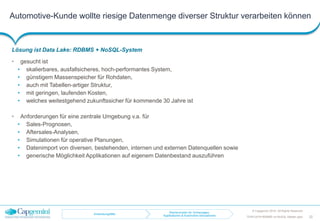 Automotive-Kunde wollte riesige Datenmenge diverser Struktur verarbeiten können
Lösung ist Data Lake: RDBMS + NoSQL-System
• gesucht ist
• skalierbares, ausfallsicheres, hoch-performantes System,
• günstigem Massenspeicher für Rohdaten,
• auch mit Tabellen-artiger Struktur,
• mit geringen, laufenden Kosten,
• welches weitestgehend zukunftssicher für kommende 30 Jahre ist
• Anforderungen für eine zentrale Umgebung v.a. für
• Sales-Prognosen,
• Aftersales-Analysen,
• Simulationen für operative Planungen,
• Datenimport von diversen, bestehenden, internen und externen Datenquellen sowie
• generische Möglichkeit Applikationen auf eigenem Datenbestand auszuführen
© Capgemini 2016. All Rights Reserved
TDWI-2016-RDBMS-vs-NoSQL-Master.pptx 22
Anwendungsfälle
Rechencluster für Vorhersagen,
Applikationen & Automotive-Simulationen
 