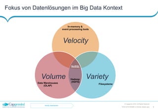 Fokus von Datenlösungen im Big Data Kontext
© Capgemini 2016. All Rights Reserved
8TDWI-2016-RDBMS-vs-NoSQL-Master.pptx
Velocity
VarietyVolume Hadoop
(HDFS)
NoSQL
Data Warehouses
(OLAP)
In-memory &
event processing tools
Filesysteme
NoSQL-Datenbanken
 