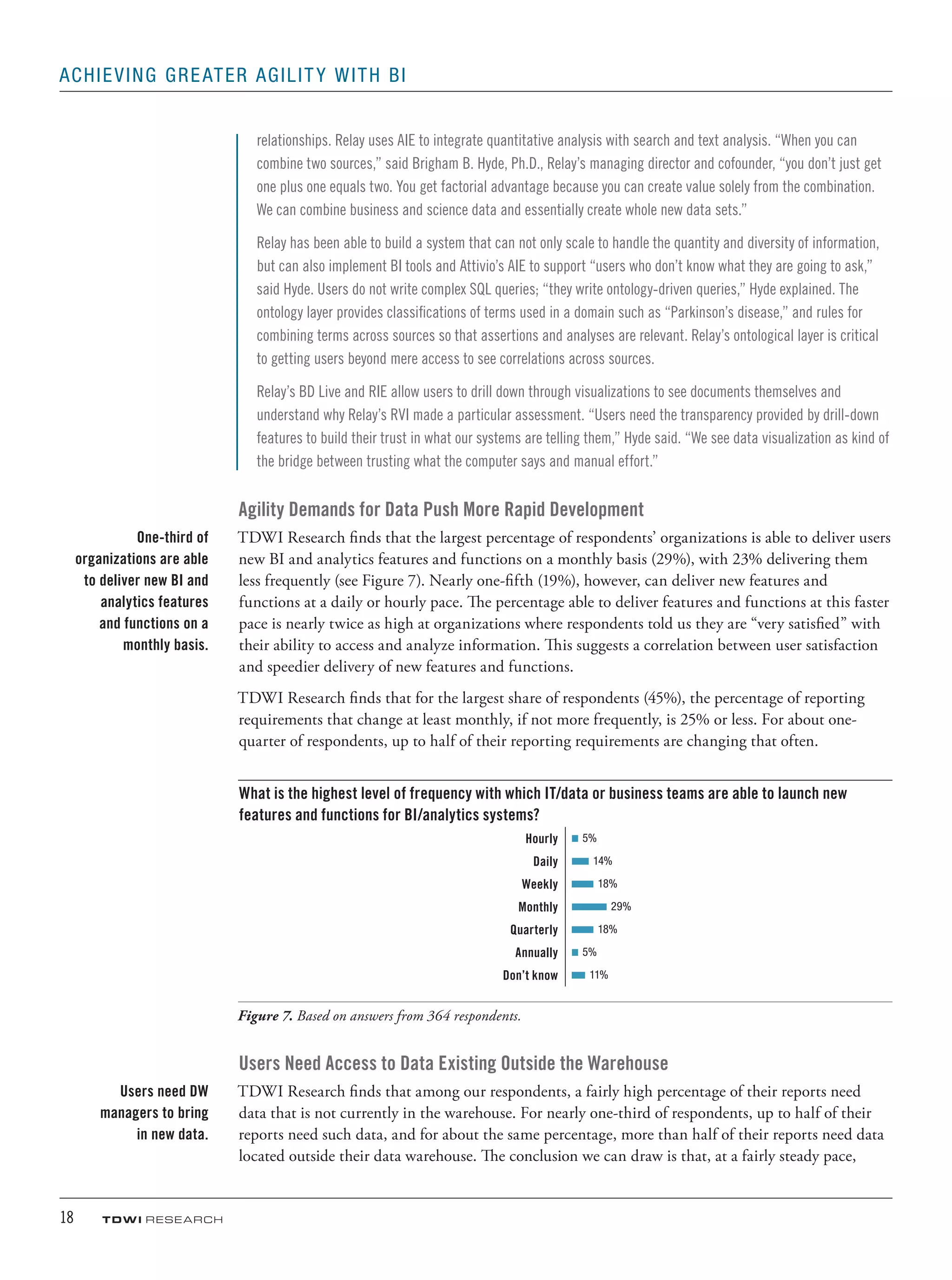18	 TDWI research
Achieving Greater Agility with BI
relationships. Relay uses AIE to integrate quantitative analysis with search and text analysis. “When you can
combine two sources,” said Brigham B. Hyde, Ph.D., Relay’s managing director and cofounder, “you don’t just get
one plus one equals two. You get factorial advantage because you can create value solely from the combination.
We can combine business and science data and essentially create whole new data sets.”
Relay has been able to build a system that can not only scale to handle the quantity and diversity of information,
but can also implement BI tools and Attivio’s AIE to support “users who don’t know what they are going to ask,”
said Hyde. Users do not write complex SQL queries; “they write ontology-driven queries,” Hyde explained. The
ontology layer provides classifications of terms used in a domain such as “Parkinson’s disease,” and rules for
combining terms across sources so that assertions and analyses are relevant. Relay’s ontological layer is critical
to getting users beyond mere access to see correlations across sources.
Relay’s BD Live and RIE allow users to drill down through visualizations to see documents themselves and
understand why Relay’s RVI made a particular assessment. “Users need the transparency provided by drill-down
features to build their trust in what our systems are telling them,” Hyde said. “We see data visualization as kind of
the bridge between trusting what the computer says and manual effort.”
Agility Demands for Data Push More Rapid Development
TDWI Research finds that the largest percentage of respondents’ organizations is able to deliver users
new BI and analytics features and functions on a monthly basis (29%), with 23% delivering them
less frequently (see Figure 7). Nearly one-fifth (19%), however, can deliver new features and
functions at a daily or hourly pace. The percentage able to deliver features and functions at this faster
pace is nearly twice as high at organizations where respondents told us they are “very satisfied” with
their ability to access and analyze information. This suggests a correlation between user satisfaction
and speedier delivery of new features and functions.
TDWI Research finds that for the largest share of respondents (45%), the percentage of reporting
requirements that change at least monthly, if not more frequently, is 25% or less. For about one-
quarter of respondents, up to half of their reporting requirements are changing that often.
What is the highest level of frequency with which IT/data or business teams are able to launch new
features and functions for BI/analytics systems?
Hourly 5%
Daily 14%
Weekly 18%
Monthly 29%
Quarterly 18%
Annually 5%
Don’t know 11%
Figure 7. Based on answers from 364 respondents.
Users Need Access to Data Existing Outside the Warehouse
TDWI Research finds that among our respondents, a fairly high percentage of their reports need
data that is not currently in the warehouse. For nearly one-third of respondents, up to half of their
reports need such data, and for about the same percentage, more than half of their reports need data
located outside their data warehouse. The conclusion we can draw is that, at a fairly steady pace,
One-third of
organizations are able
to deliver new BI and
analytics features
and functions on a
monthly basis.
Users need DW
managers to bring
in new data.
 