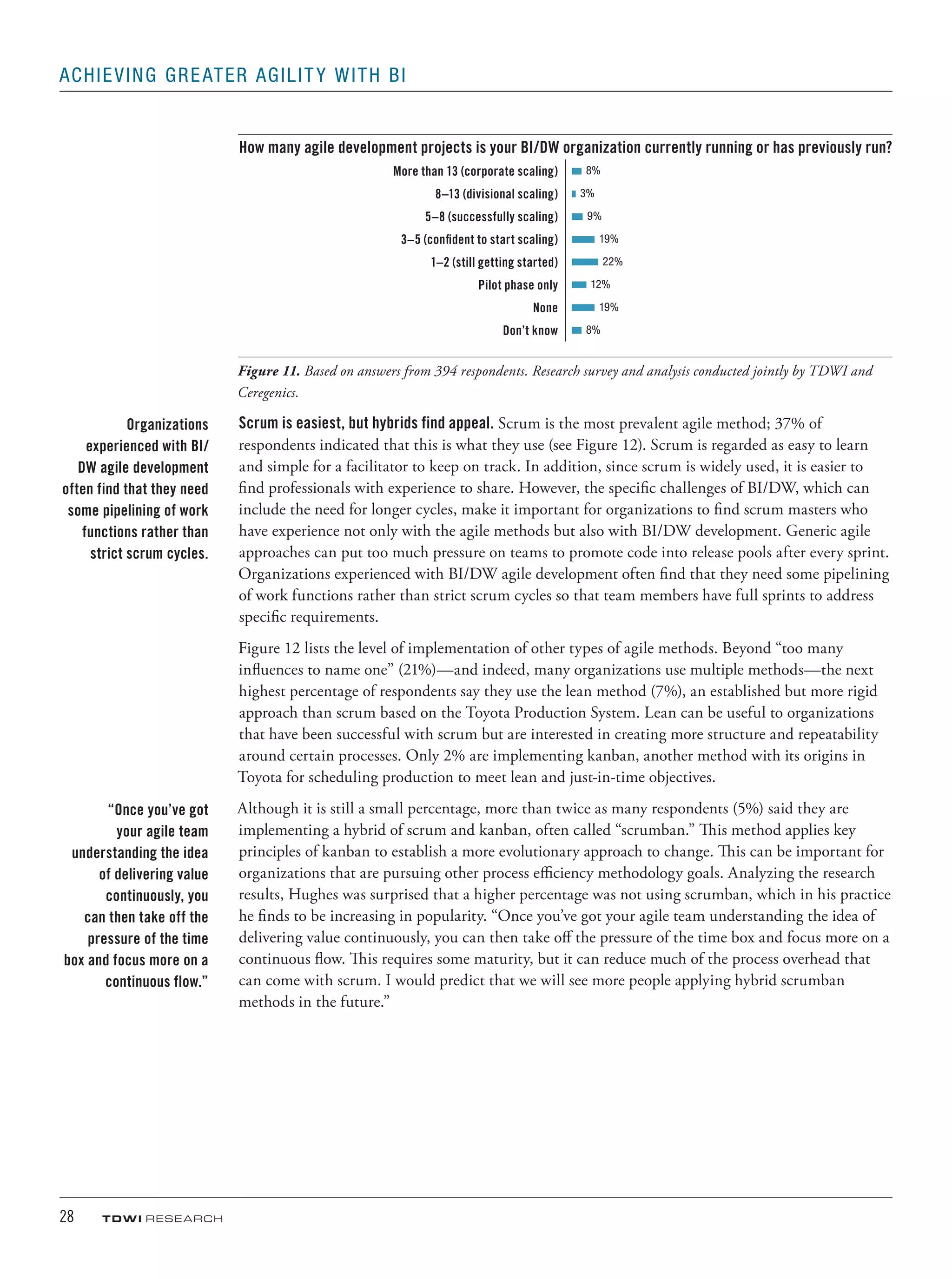 28	 TDWI research
Achieving Greater Agility with BI
How many agile development projects is your BI/DW organization currently running or has previously run?
More than 13 (corporate scaling) 8%
8–13 (divisional scaling) 3%
5–8 (successfully scaling) 9%
3–5 (confident to start scaling) 19%
1–2 (still getting started) 22%
Pilot phase only 12%
None 19%
Don’t know 8%
Figure 11. Based on answers from 394 respondents. Research survey and analysis conducted jointly by TDWI and
Ceregenics.
Scrum is easiest, but hybrids find appeal. Scrum is the most prevalent agile method; 37% of
respondents indicated that this is what they use (see Figure 12). Scrum is regarded as easy to learn
and simple for a facilitator to keep on track. In addition, since scrum is widely used, it is easier to
find professionals with experience to share. However, the specific challenges of BI/DW, which can
include the need for longer cycles, make it important for organizations to find scrum masters who
have experience not only with the agile methods but also with BI/DW development. Generic agile
approaches can put too much pressure on teams to promote code into release pools after every sprint.
Organizations experienced with BI/DW agile development often find that they need some pipelining
of work functions rather than strict scrum cycles so that team members have full sprints to address
specific requirements.
Figure 12 lists the level of implementation of other types of agile methods. Beyond “too many
influences to name one” (21%)—and indeed, many organizations use multiple methods—the next
highest percentage of respondents say they use the lean method (7%), an established but more rigid
approach than scrum based on the Toyota Production System. Lean can be useful to organizations
that have been successful with scrum but are interested in creating more structure and repeatability
around certain processes. Only 2% are implementing kanban, another method with its origins in
Toyota for scheduling production to meet lean and just-in-time objectives.
Although it is still a small percentage, more than twice as many respondents (5%) said they are
implementing a hybrid of scrum and kanban, often called “scrumban.” This method applies key
principles of kanban to establish a more evolutionary approach to change. This can be important for
organizations that are pursuing other process efficiency methodology goals. Analyzing the research
results, Hughes was surprised that a higher percentage was not using scrumban, which in his practice
he finds to be increasing in popularity. “Once you’ve got your agile team understanding the idea of
delivering value continuously, you can then take off the pressure of the time box and focus more on a
continuous flow. This requires some maturity, but it can reduce much of the process overhead that
can come with scrum. I would predict that we will see more people applying hybrid scrumban
methods in the future.”
Organizations
experienced with BI/
DW agile development
often find that they need
some pipelining of work
functions rather than
strict scrum cycles.
“Once you’ve got
your agile team
understanding the idea
of delivering value
continuously, you
can then take off the
pressure of the time
box and focus more on a
continuous flow.”
 
