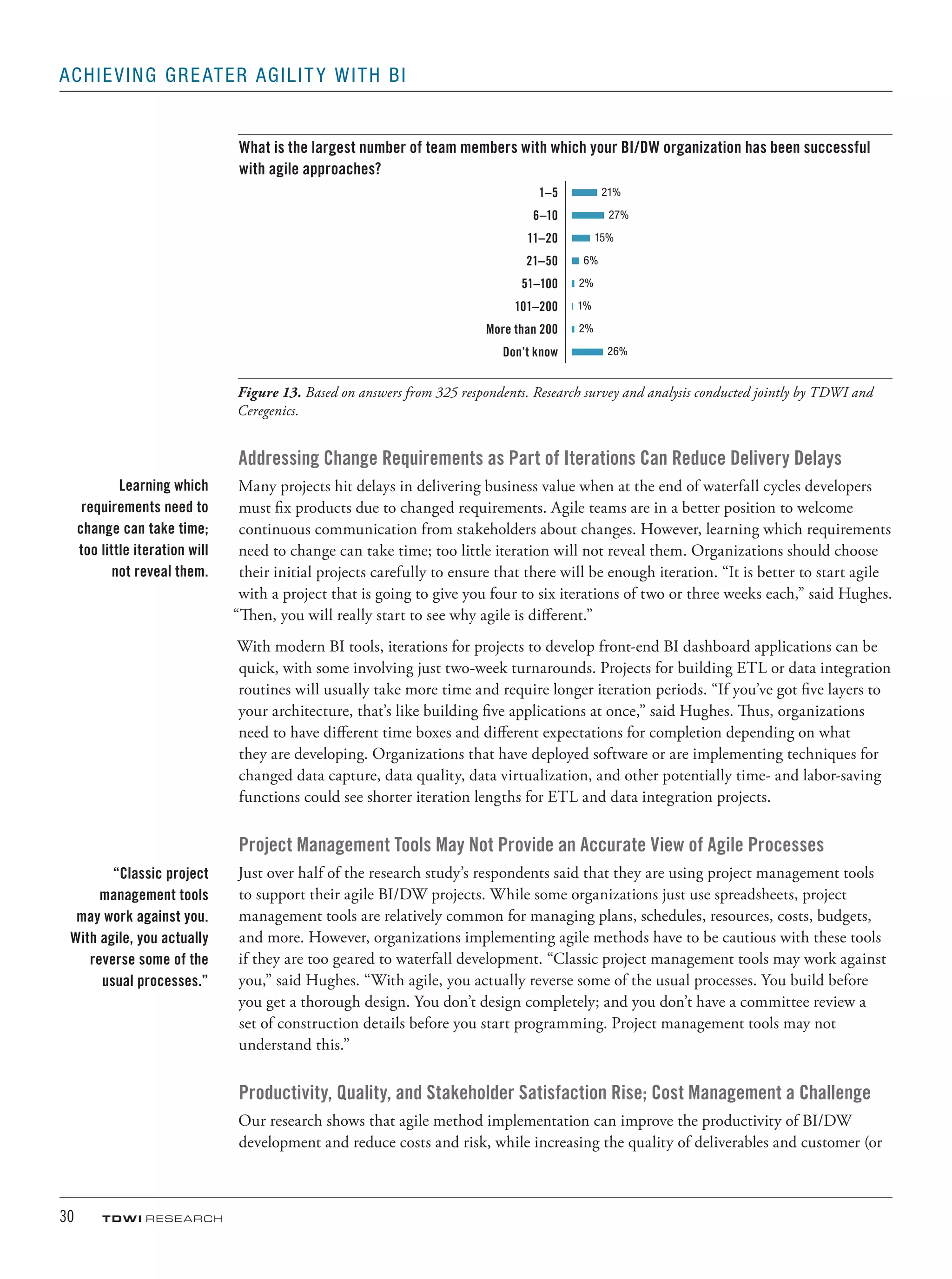 30	 TDWI research
Achieving Greater Agility with BI
What is the largest number of team members with which your BI/DW organization has been successful
with agile approaches?
1–5 21%
6–10 27%
11–20 15%
21–50 6%
51–100 2%
101–200 1%
More than 200 2%
Don’t know 26%
Figure 13. Based on answers from 325 respondents. Research survey and analysis conducted jointly by TDWI and
Ceregenics.
Addressing Change Requirements as Part of Iterations Can Reduce Delivery Delays
Many projects hit delays in delivering business value when at the end of waterfall cycles developers
must fix products due to changed requirements. Agile teams are in a better position to welcome
continuous communication from stakeholders about changes. However, learning which requirements
need to change can take time; too little iteration will not reveal them. Organizations should choose
their initial projects carefully to ensure that there will be enough iteration. “It is better to start agile
with a project that is going to give you four to six iterations of two or three weeks each,” said Hughes.
“Then, you will really start to see why agile is different.”
With modern BI tools, iterations for projects to develop front-end BI dashboard applications can be
quick, with some involving just two-week turnarounds. Projects for building ETL or data integration
routines will usually take more time and require longer iteration periods. “If you’ve got five layers to
your architecture, that’s like building five applications at once,” said Hughes. Thus, organizations
need to have different time boxes and different expectations for completion depending on what
they are developing. Organizations that have deployed software or are implementing techniques for
changed data capture, data quality, data virtualization, and other potentially time- and labor-saving
functions could see shorter iteration lengths for ETL and data integration projects.
Project Management Tools May Not Provide an Accurate View of Agile Processes
Just over half of the research study’s respondents said that they are using project management tools
to support their agile BI/DW projects. While some organizations just use spreadsheets, project
management tools are relatively common for managing plans, schedules, resources, costs, budgets,
and more. However, organizations implementing agile methods have to be cautious with these tools
if they are too geared to waterfall development. “Classic project management tools may work against
you,” said Hughes. “With agile, you actually reverse some of the usual processes. You build before
you get a thorough design. You don’t design completely; and you don’t have a committee review a
set of construction details before you start programming. Project management tools may not
understand this.”
Productivity, Quality, and Stakeholder Satisfaction Rise; Cost Management a Challenge
Our research shows that agile method implementation can improve the productivity of BI/DW
development and reduce costs and risk, while increasing the quality of deliverables and customer (or
Learning which
requirements need to
change can take time;
too little iteration will
not reveal them.
“Classic project
management tools
may work against you.
With agile, you actually
reverse some of the
usual processes.”
 