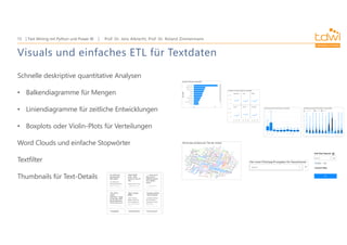 Prof. Dr. Jens Albrecht, Prof. Dr. Roland Zimmermann
Text Mining mit Python und Power BI
15
Visuals und einfaches ETL für Textdaten
Schnelle deskriptive quantitative Analysen
• Balkendiagramme für Mengen
• Liniendiagramme für zeitliche Entwicklungen
• Boxplots oder Violin-Plots für Verteilungen
Word Clouds und einfache Stopwörter
Textfilter
Thumbnails für Text-Details
 