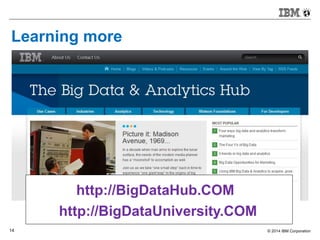 © 2014 IBM Corporation14
Learning more
http://BigDataUniversity.COM
http://BigDataHub.COM
 
