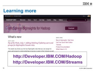 © 2014 IBM Corporation15
Learning more
http://Developer.IBM.COM/Hadoop
http://Developer.IBM.COM/Streams
 