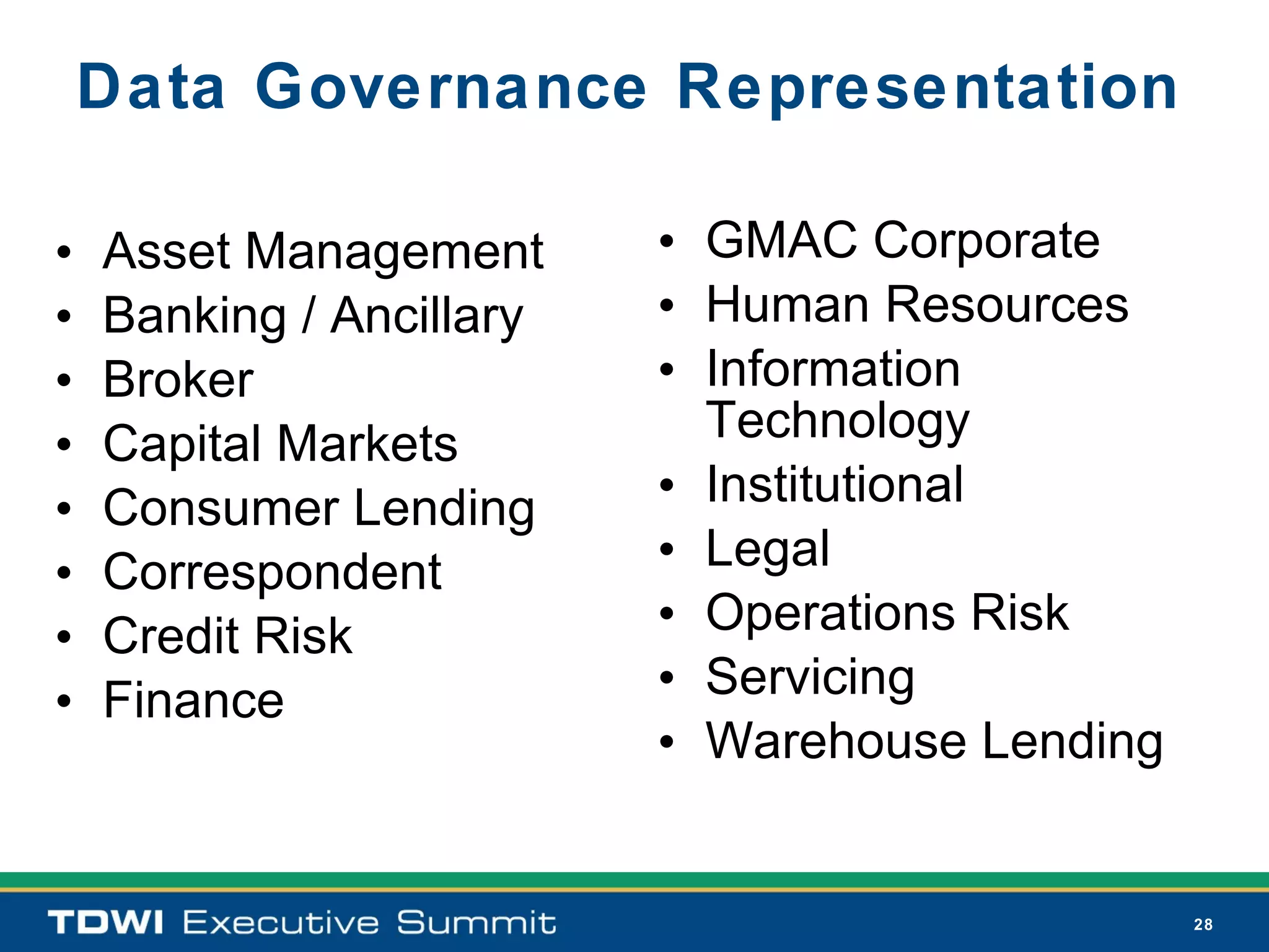 Data Governance Representation

•   Asset Management      • GMAC Corporate
•   Banking / Ancillary   • Human Resources
•   Broker                • Information
•   Capital Markets         Technology
•   Consumer Lending      • Institutional
•   Correspondent         • Legal
•   Credit Risk           • Operations Risk
•   Finance               • Servicing
                          • Warehouse Lending


                                                28
 