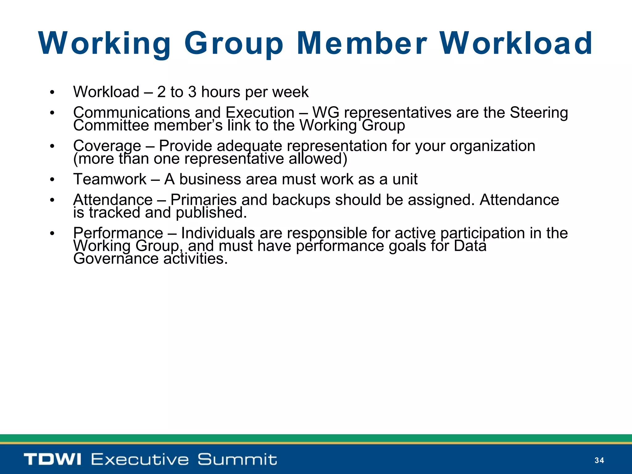 Working Group Member Workload
•   Workload – 2 to 3 hours per week
•   Communications and Execution – WG representatives are the Steering
    Committee member’s link to the Working Group
•   Coverage – Provide adequate representation for your organization
    (more than one representative allowed)
•   Teamwork – A business area must work as a unit
•   Attendance – Primaries and backups should be assigned. Attendance
    is tracked and published.
•   Performance – Individuals are responsible for active participation in the
    Working Group, and must have performance goals for Data
    Governance activities.




                                                                                34
 