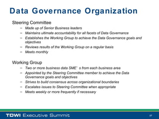 Data Governance Organization
Steering Committee
   – Made up of Senior Business leaders
   – Maintains ultimate accountability for all facets of Data Governance
   – Establishes the Working Group to achieve the Data Governance goals and
     objectives
   – Reviews results of the Working Group on a regular basis
   – Meets monthly


Working Group
   – Two or more business data SME’ s from each business area
   – Appointed by the Steering Committee member to achieve the Data
     Governance goals and objectives
   – Strives to build consensus across organizational boundaries
   – Escalates issues to Steering Committee when appropriate
   – Meets weekly or more frequently if necessary




                                                                              27
 