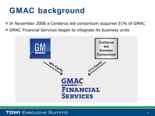 GMAC background
   In November 2006 a Cerberus led consortium acquired 51% of GMAC
   GMAC Financial Services began to integrate its business units




                                                                      3
 