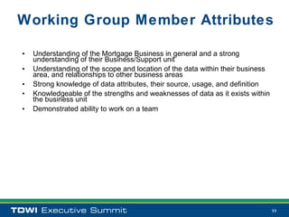 Working Group Member Attributes

•   Understanding of the Mortgage Business in general and a strong
    understanding of their Business/Support unit
•   Understanding of the scope and location of the data within their business
    area, and relationships to other business areas
•   Strong knowledge of data attributes, their source, usage, and definition
•   Knowledgeable of the strengths and weaknesses of data as it exists within
    the business unit
•   Demonstrated ability to work on a team




                                                                                33
 