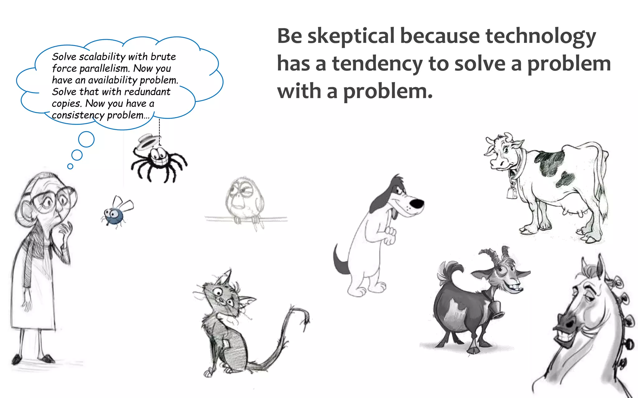© Third Nature Inc.
Be skeptical because technology
has a tendency to solve a problem
with a problem.
Solve scalability with brute
force parallelism. Now you
have an availability problem.
Solve that with redundant
copies. Now you have a
consistency problem…
 