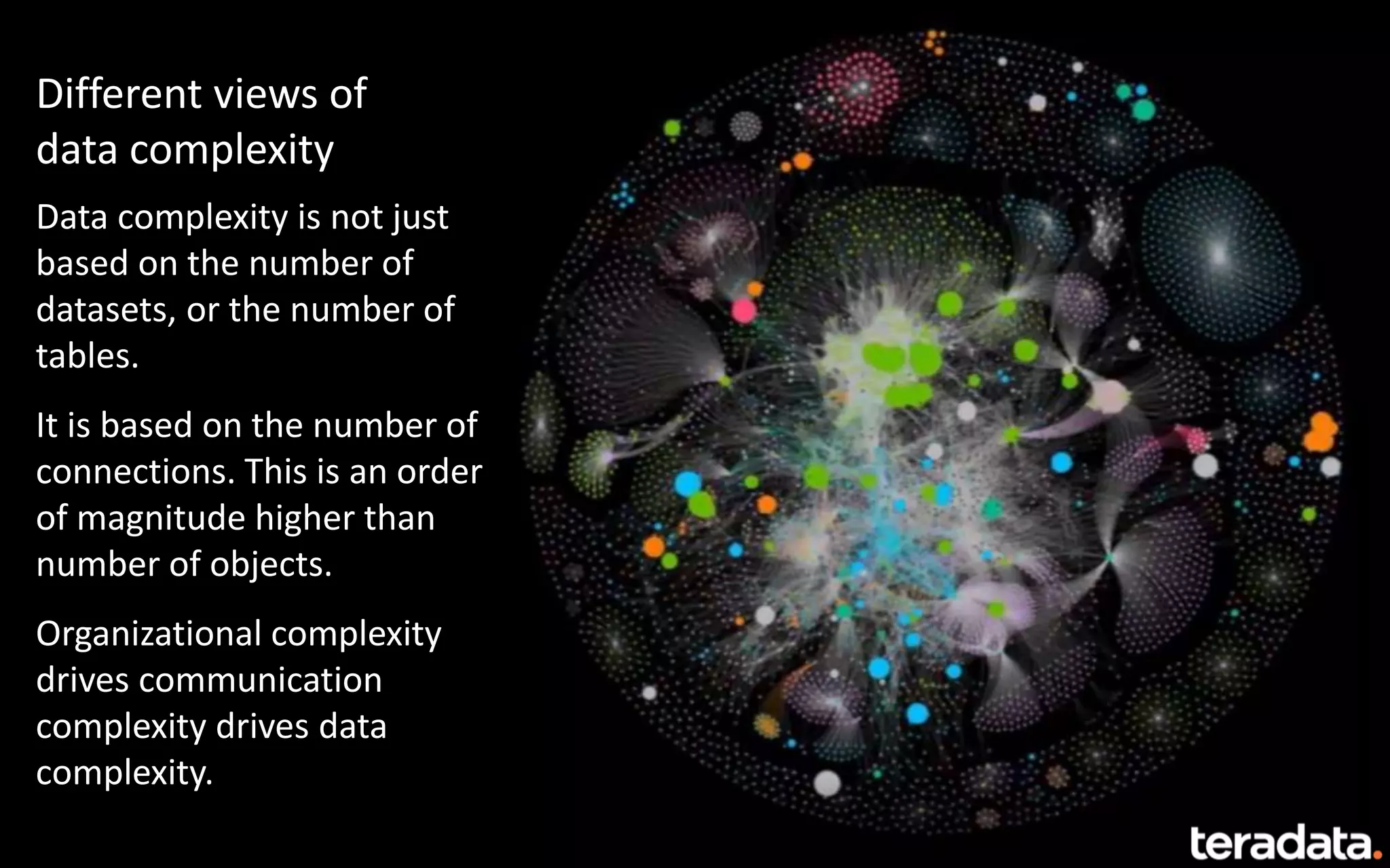 Data complexity is not just
based on the number of
datasets, or the number of
tables.
It is based on the number of
connections. This is an order
of magnitude higher than
number of objects.
Organizational complexity
drives communication
complexity drives data
complexity.
Different views of
data complexity
 