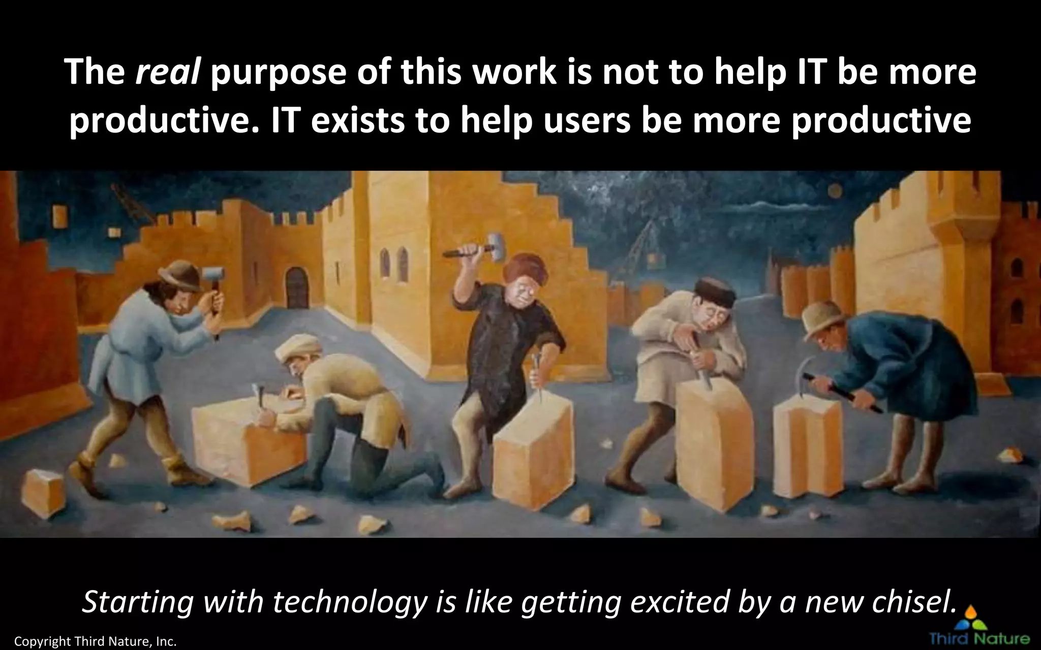 Copyright Third Nature, Inc.
The real purpose of this work is not to help IT be more
productive. IT exists to help users be more productive
Starting with technology is like getting excited by a new chisel.
 
