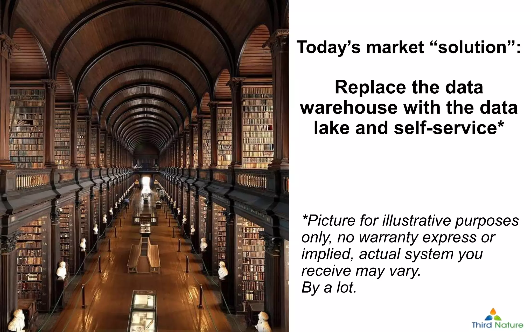 © Third Nature Inc.
© Third Nature Inc.
Today’s market “solution”:
Replace the data
warehouse with the data
lake and self-service*
*Picture for illustrative purposes
only, no warranty express or
implied, actual system you
receive may vary.
By a lot.
 