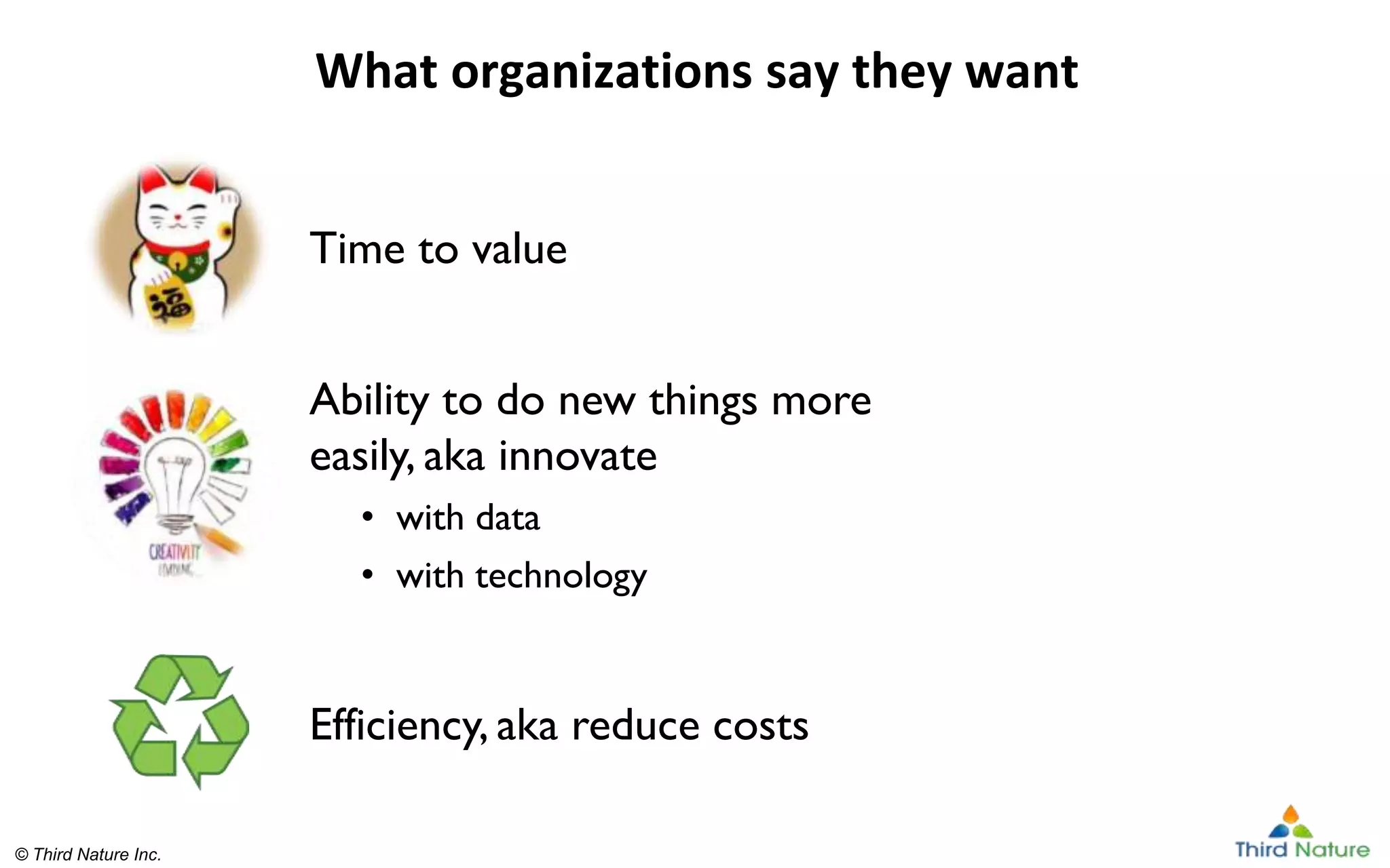 © Third Nature Inc.
© Third Nature Inc.
What organizations say they want
Time to value
Ability to do new things more
easily, aka innovate
• with data
• with technology
Efficiency, aka reduce costs
 