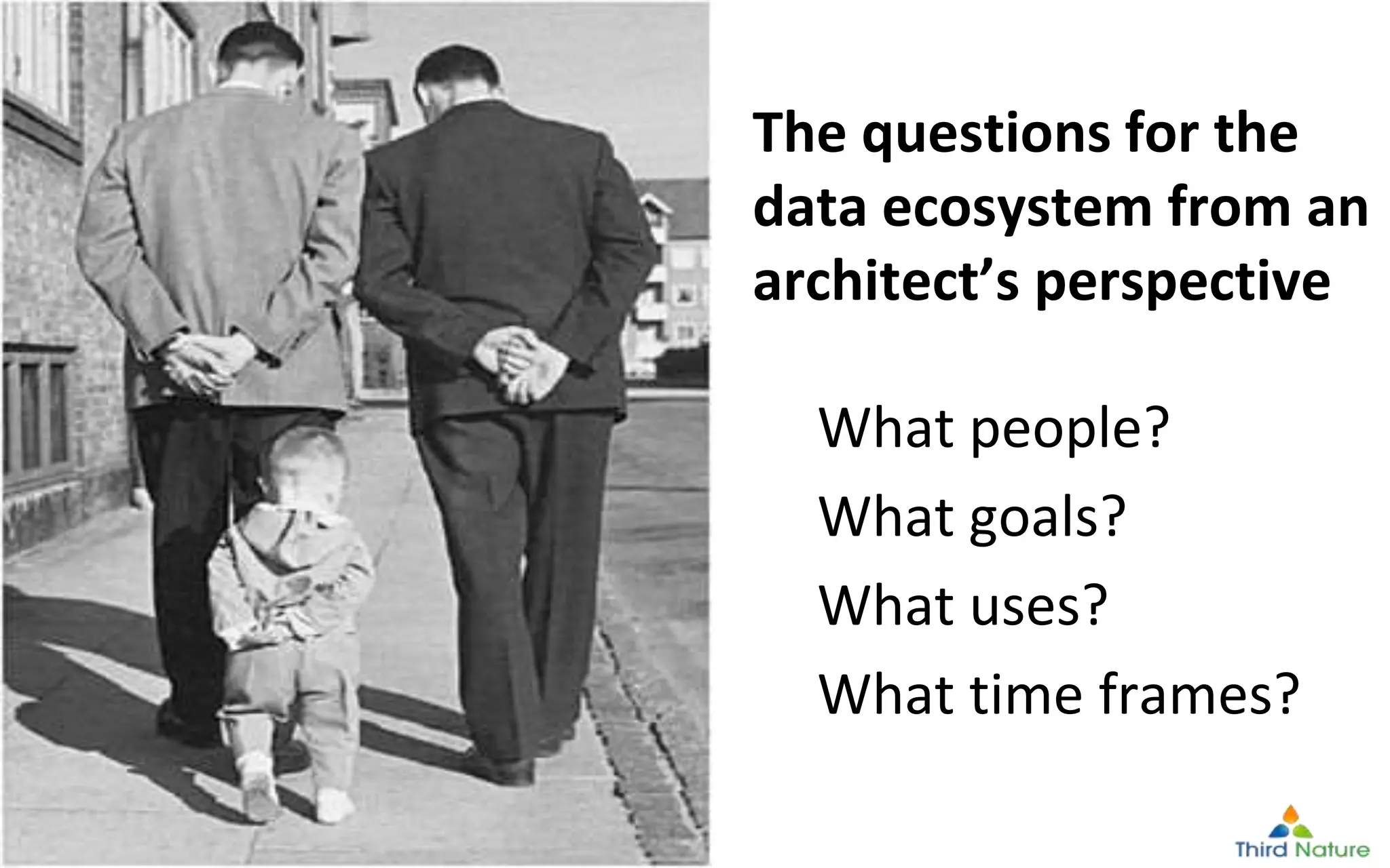 © Third Nature Inc.
The questions for the
data ecosystem from an
architect’s perspective
What people?
What goals?
What uses?
What time frames?
 