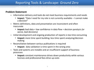 Reporting Tools & Landscape: Ground Zero

Problem Statement
   – Information delivery and tools do not meet business requirements and needs
       • Impact: “Data I need for my role is not currently available – I cannot make
          a decision”
   – Metric definitions, data and presentation are inconsistent and often
     inaccurate
       • Impact: bad data + low confidence in data flow = decision paralysis (or
          worse, bad decisions)
   – Initial development and ongoing production of reports is too time consuming
       • Impact: more time spent building; less time spent analyzing/decision
          making
   – Reconciliation between various publications is required
       • Impact: data validation is time spent in the wrong area
   – Tools and systems are instable and an insufficient support of business
     processes
       • Impact: constant maintenance drives down productivity while various
          licenses and professional fees drive up costs


                                         5
 