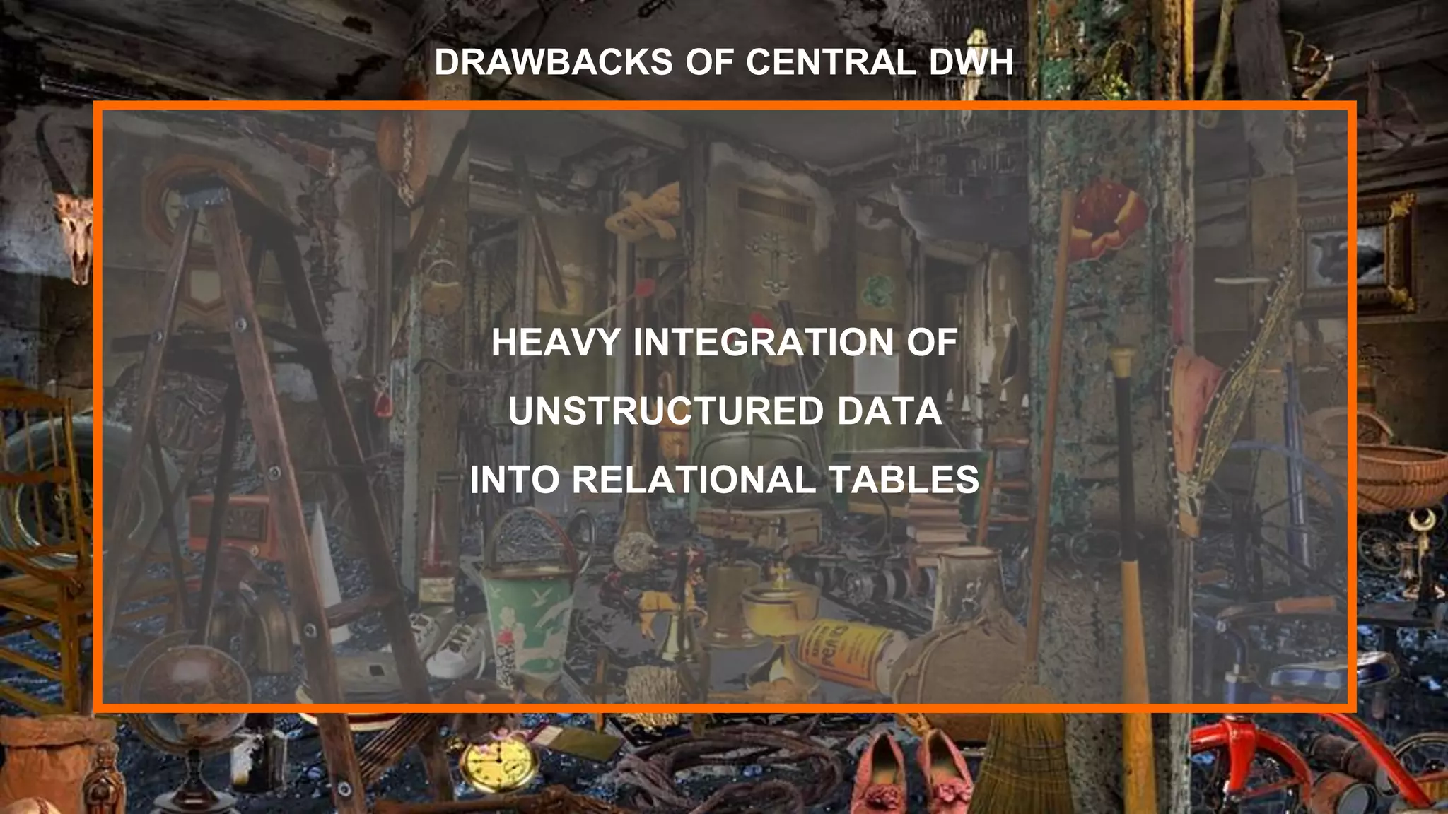 HEAVY INTEGRATION OF
UNSTRUCTURED DATA
INTO RELATIONAL TABLES
DRAWBACKS OF CENTRAL DWH
 