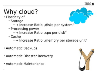 Why cloud? 
● Elasticity of 
● Storage 
● → Increase Ratio „disks per system“ 
● Processing power 
● → Increase Ratio „cpu per disk“ 
● Cache 
● → Increase Ratio „memory per storage unit“ 
● Automatic Backups 
● Automatic Disaster Recovery 
● Automatic Maintenance 
7 © 2013 IBM Corporation 
 