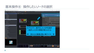 基本操作④ 操作したいノードの選択
左クリックで、操作をしたいOPを選択
→選択したOPの情報が表示される
例：読み込む動画/静止画ファイル 等
 