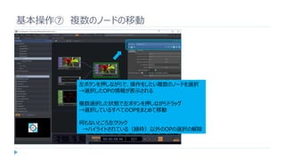 基本操作⑦ 複数のノードの移動
左ボタンを押しながらで、操作をしたい複数のノードを選択
→選択したOPの情報が表示される
複数選択した状態で左ボタンを押しながらドラッグ
→選択しているすべてのOPをまとめて移動
何もないところ左クリック
→ハイライトされている（緑枠）以外のOPの選択の解除
 