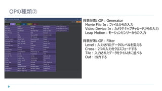 OPの種類②
背景が濃いOP：Generator
Movie File In：ファイルからの入力
Video Device In：カメラやキャプチャカードからの入力
Leap Motion：モーションセンサーからの入力
背景が薄いOP：Filter
Level：入力されたデータのレベルを変える
Cross：2つの入力をクロスフェードする
Tile：入力されたデータをタイル状に並べる
Out：出力する
 