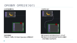 OPの操作 OP同士をつなぐ1
①OPを配置する
【参考情報】
「TAB」キーを押しても「Add Operator」が開きます
②OPをつなぐ
繋ぐ元の出力コネクタを左クリック→ドラッグ
繋ぐ先の入力コネクタのそばで左ボタンを離す
（そばで線はつながります）
 