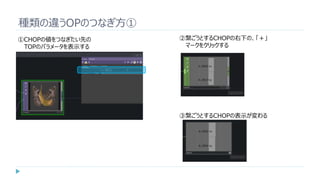 種類の違うOPのつなぎ方①
①CHOPの値をつなぎたい先の
TOPのパラメータを表示する
②繋ごうとするCHOPの右下の、「＋」
マークをクリックする
③繋ごうとするCHOPの表示が変わる
 