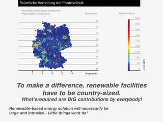 To make a difference, renewable facilities
          have to be country-sized.
      What’srequired are BIG contributions by everybody!
Renewable-based energy solution will necessarily be
large and intrusive - Little things wont do!
 