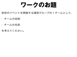 ワークのお題
架空のイベントを開催する運営グループの１チームとして、
• チームの役割
• チームの名前
を考えてください。
 