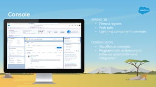 Console
SPRING ‘18
• Pinned regions
• Web tabs
• Lightning component overrides
COMING SOON
• Visualforce overrides
• Programmatic extensions to
enhance automation and
integration
 
