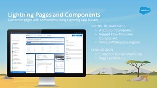 Lightning Pages and Components
Customize pages with components using Lightning App Builder
SPRING ‘18 HIGHLIGHTS
• Accordion Component
• Paused Flow Interview
Component
• Pinned Workspace Regions
COMING SOON
• Inline Edit for List View Cmp
• Page Localization
 