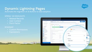 Dynamic Lightning Pages
Automate the migration of JS Buttons to ease adoption
SPRING ‘18 HIGHLIGHTS
• Related Records
• User Context
• Form Factor
ROADMAP
• Custom Permissions
• Expressions
 