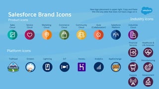 Salesforce Brand Icons
Product icons
Quip
(Collaboration)
Industries
Cloud
Service
Cloud
Sales
Cloud
Commerce
Cloud
Trailhead Lightning Analytics AppExchangeHerokuIoTEinstein
Salesforce
Platform
Financial
Services
Retail
Healthcare &
Life Sciences
New logo placement is upper right. Copy and Paste
this into any slide that does not have a logo on it.
Marketing
Cloud
Community
Cloud
Manufacturing
Comms Government
Platform icons
Industry icons
 