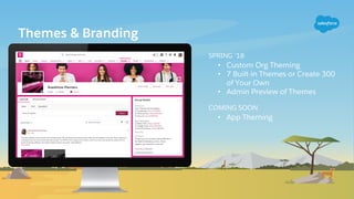Themes & Branding
SPRING ‘18
• Custom Org Theming
• 7 Built-in Themes or Create 300
of Your Own
• Admin Preview of Themes
COMING SOON
• App Theming
 
